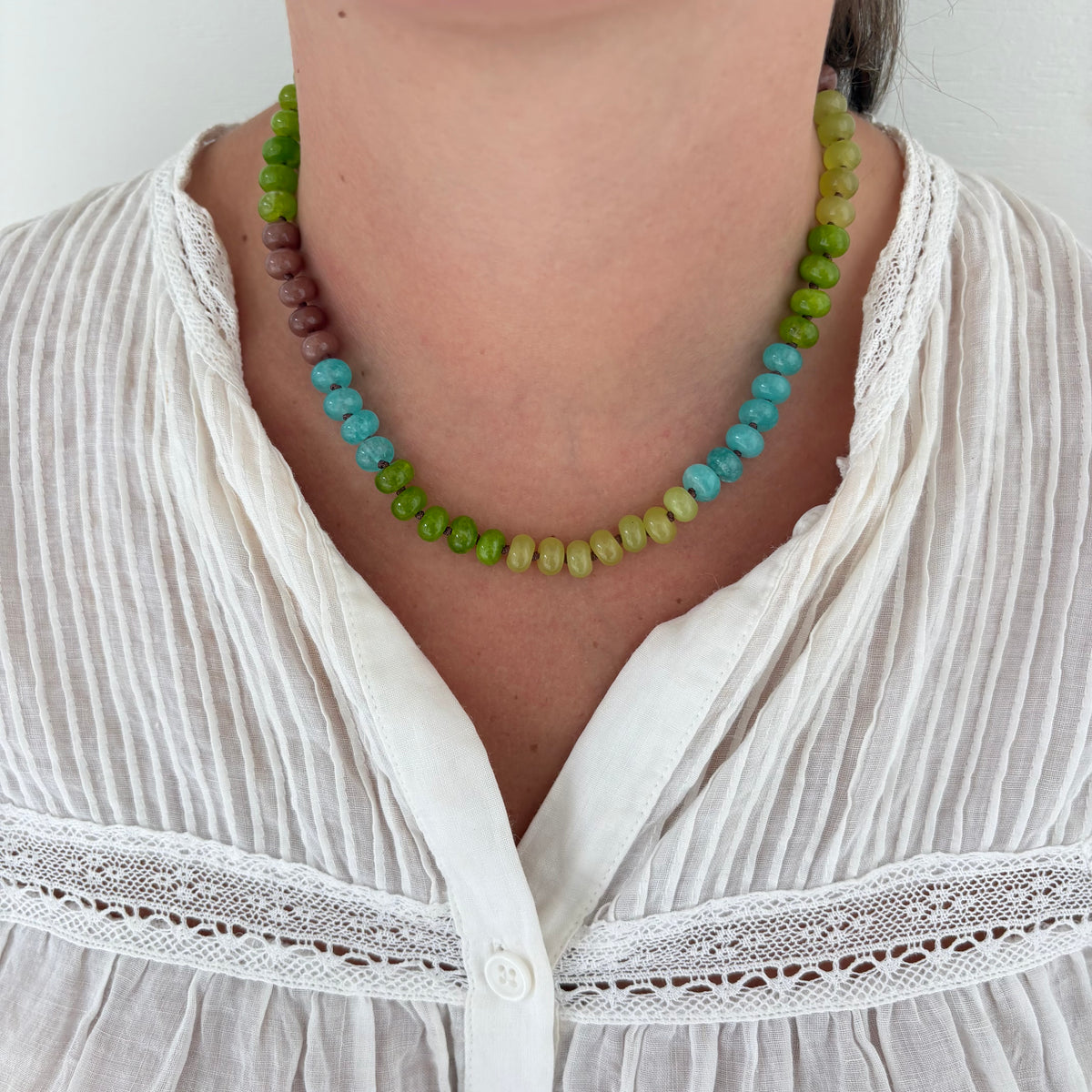 Corrine green and blue hand knotted necklace