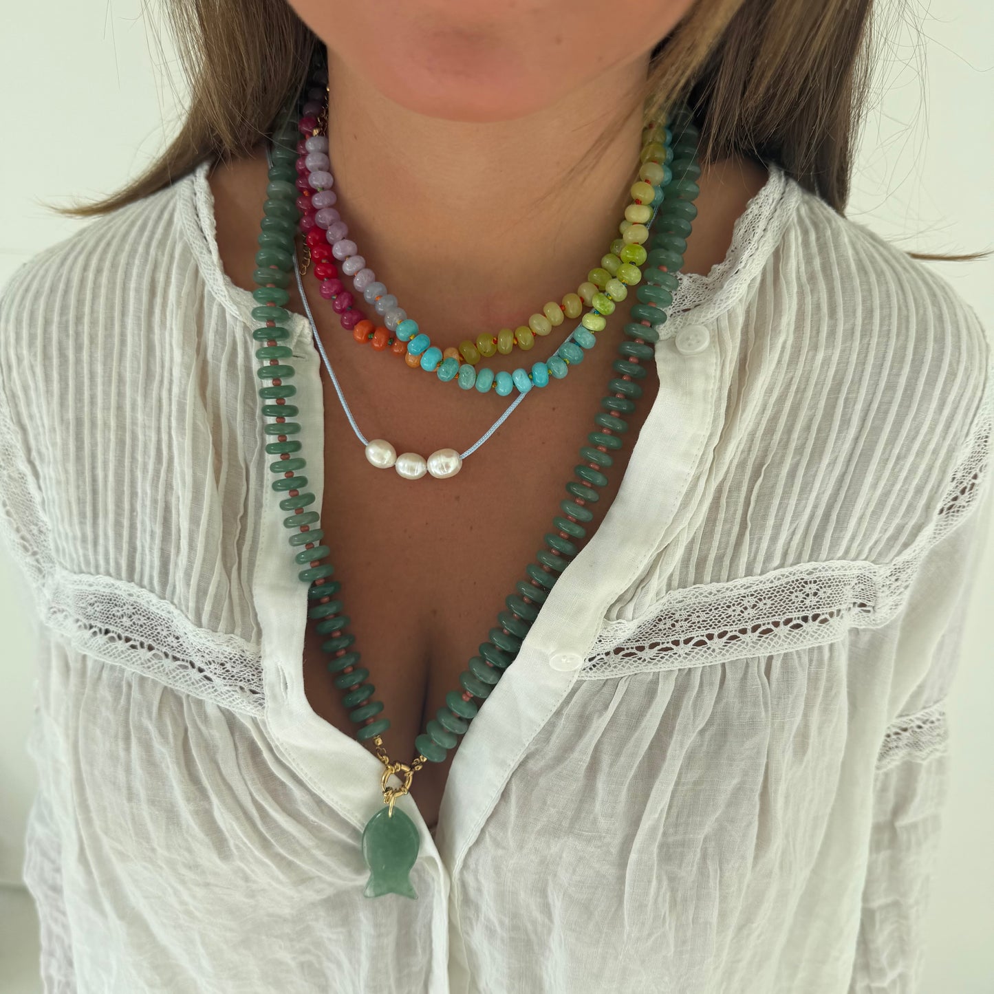Catch of the day long necklace with green fish charm