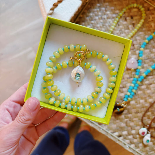 Chartreuse stone necklace with genuine freshwater pearl charm