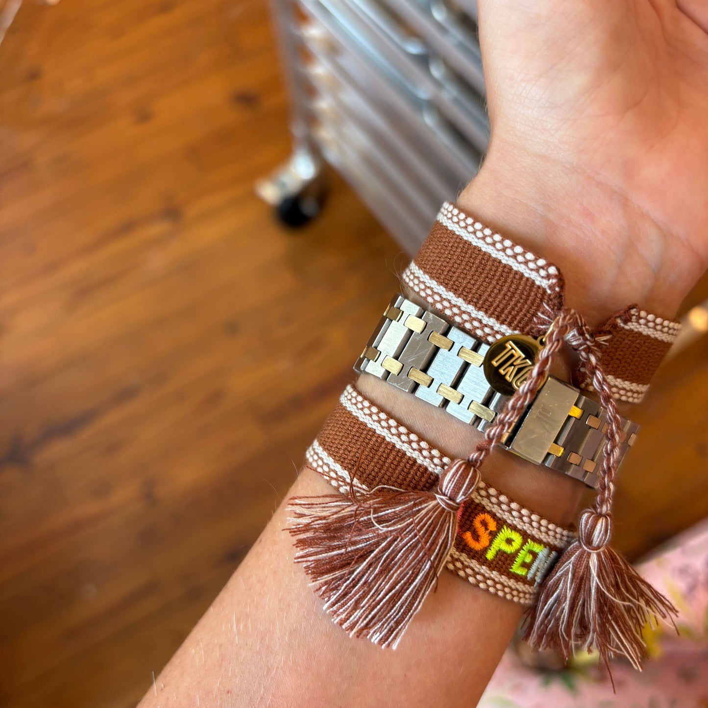 Aspen embroidered tassel bracelet chocolate brown