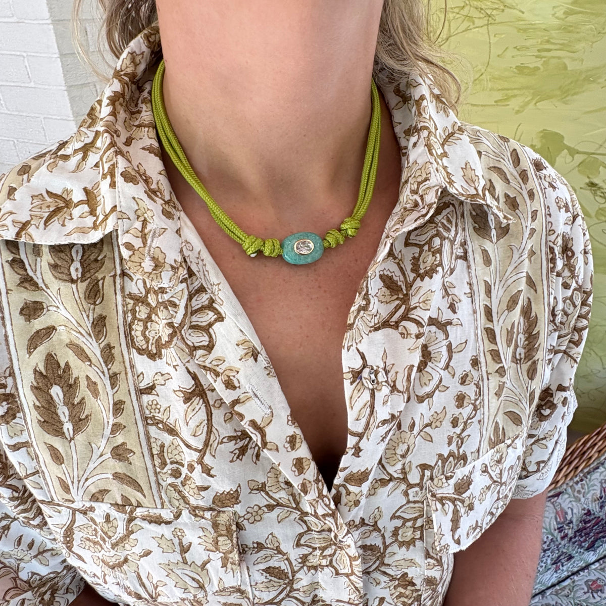 Chartreuse cord necklace with blue Amazonite stone