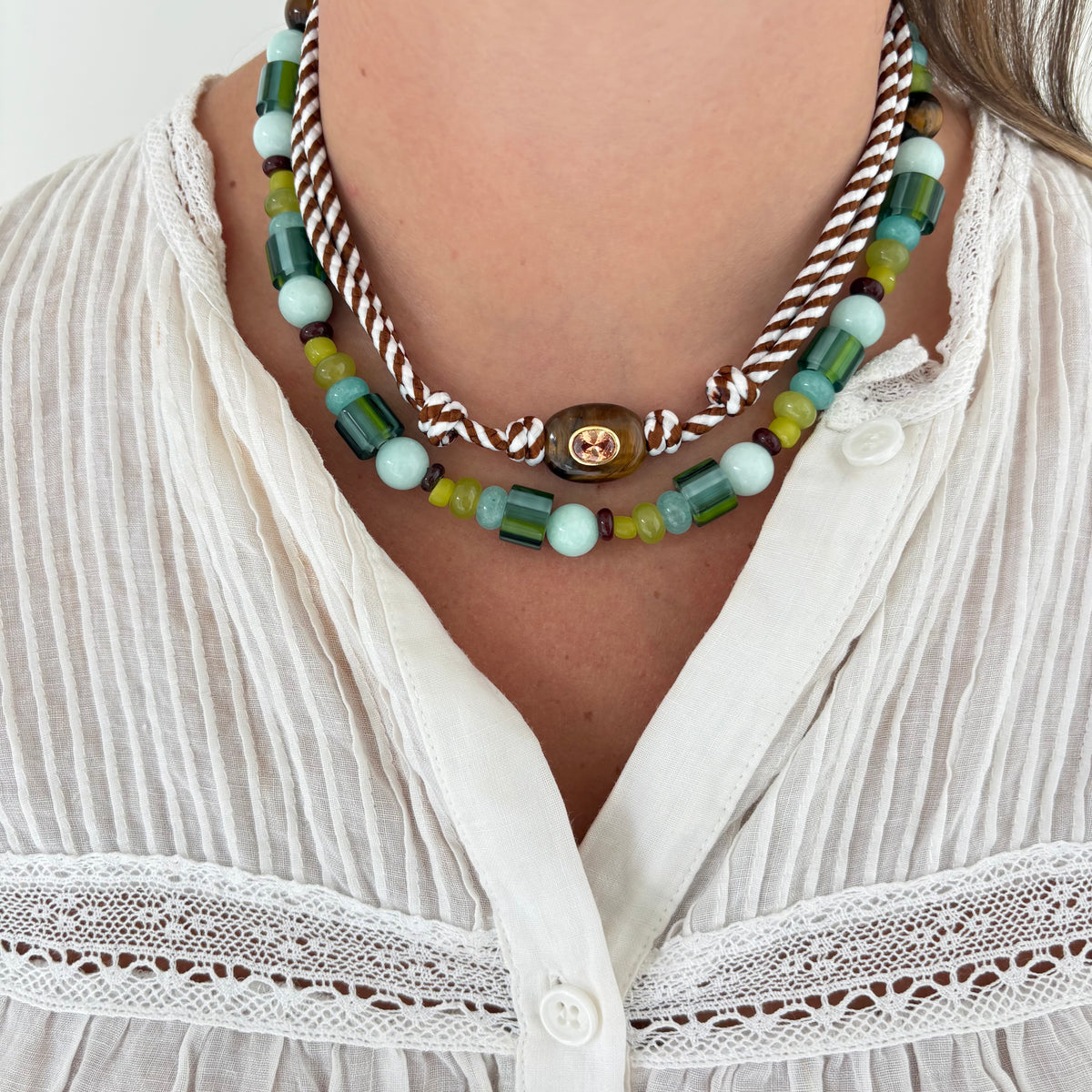 Brown stripe cord necklace with natural brown stone