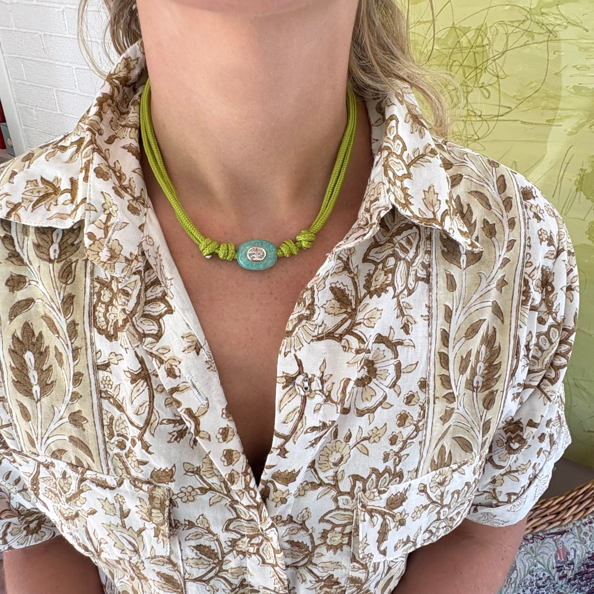 Chartreuse cord necklace with blue Amazonite stone
