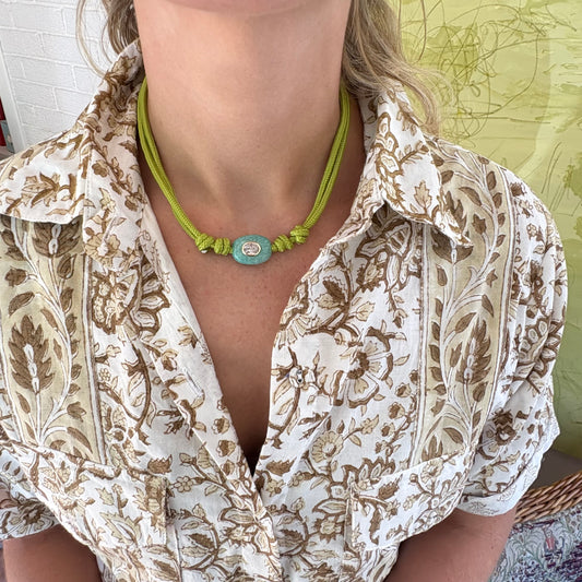Chartreuse cord necklace with blue Amazonite stone