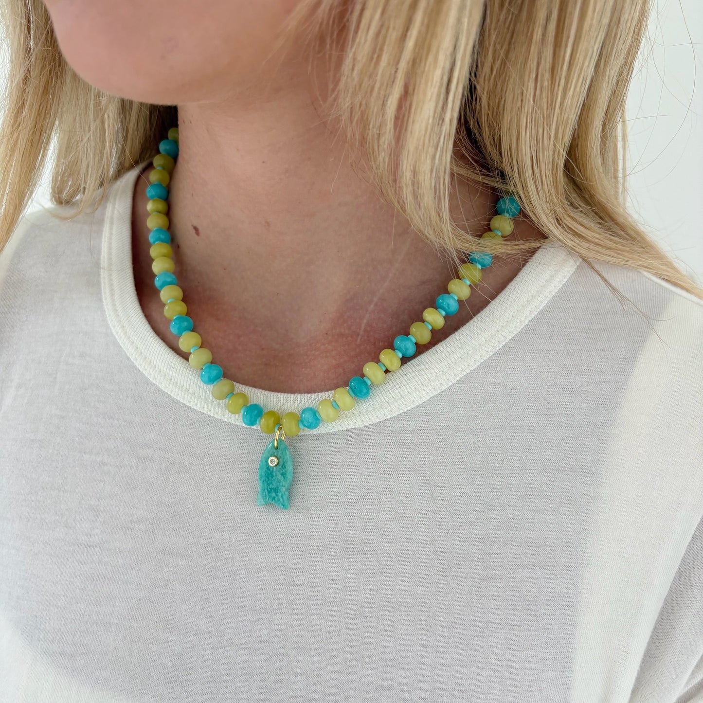 Lala fish necklace chartrteuse and blue
