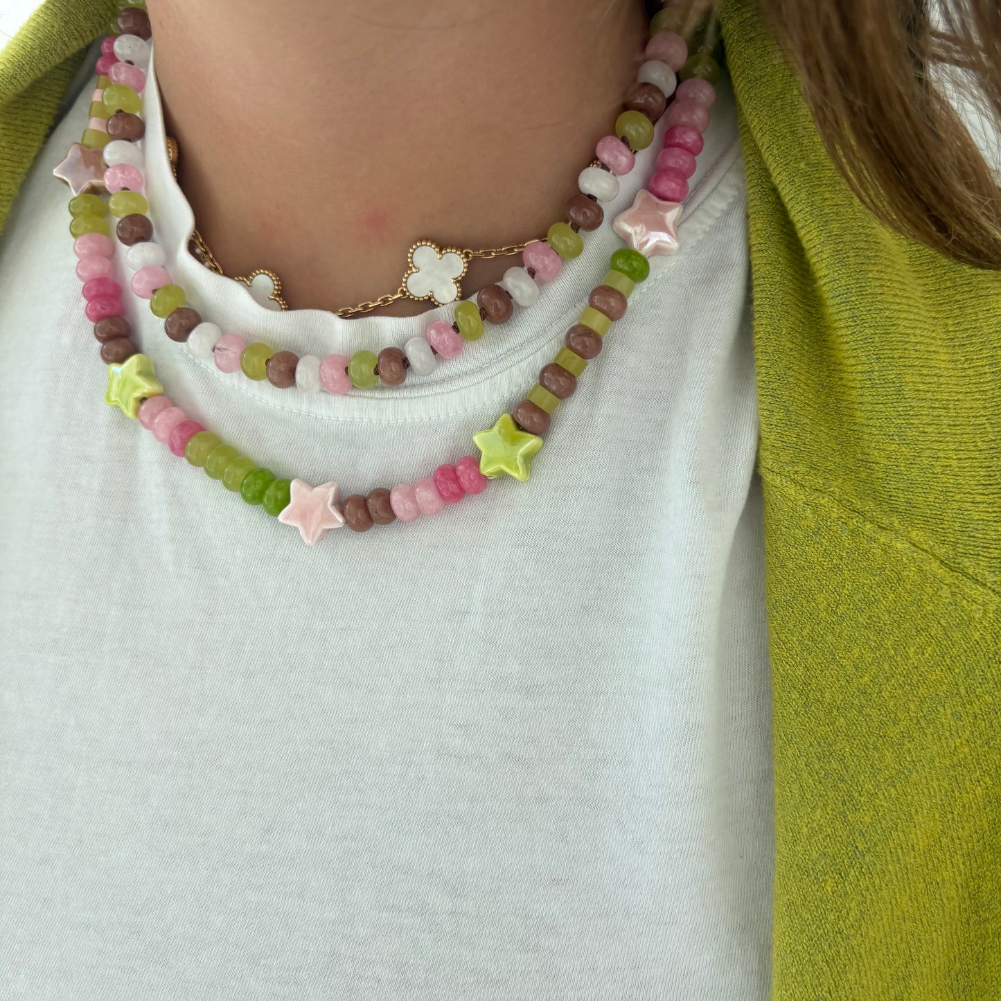 The Celly star necklace - brown chartreuse and pink stones