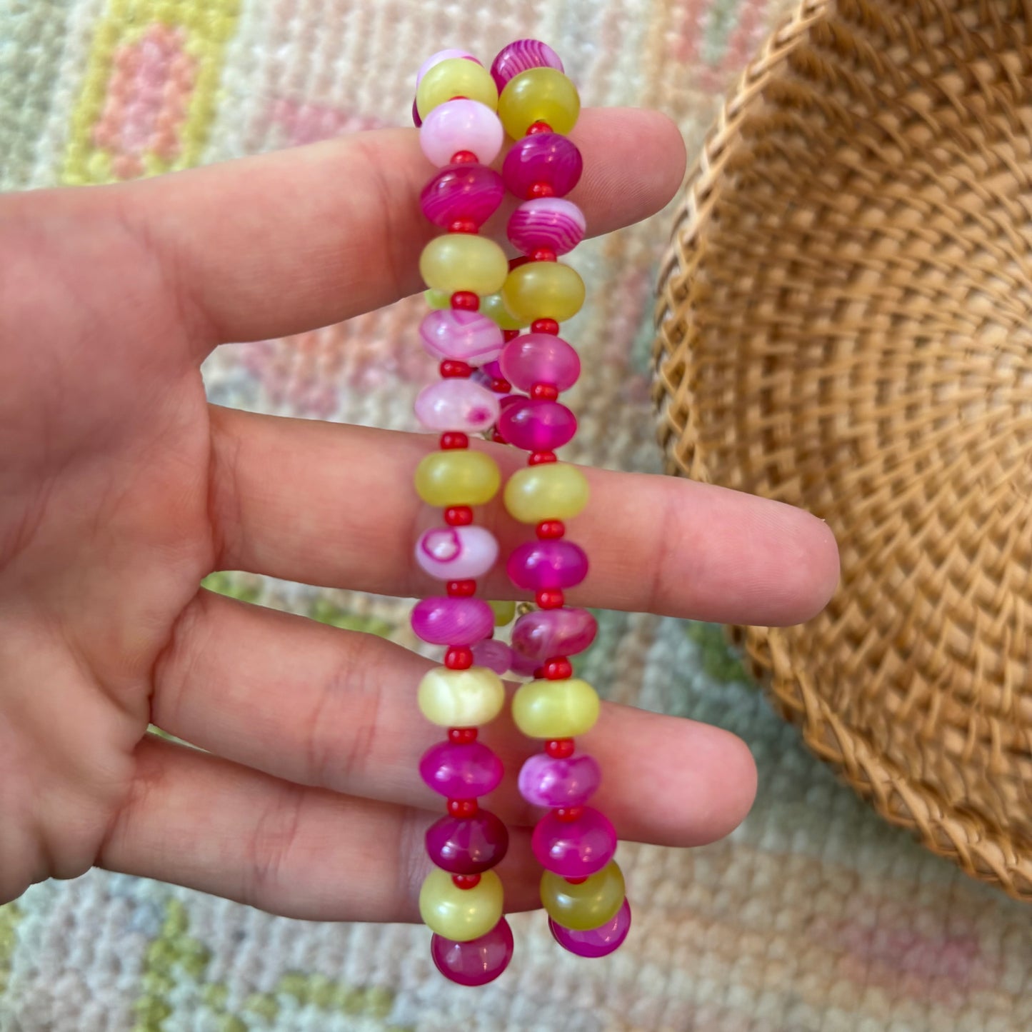 Holly necklace pink and chartreuse stone