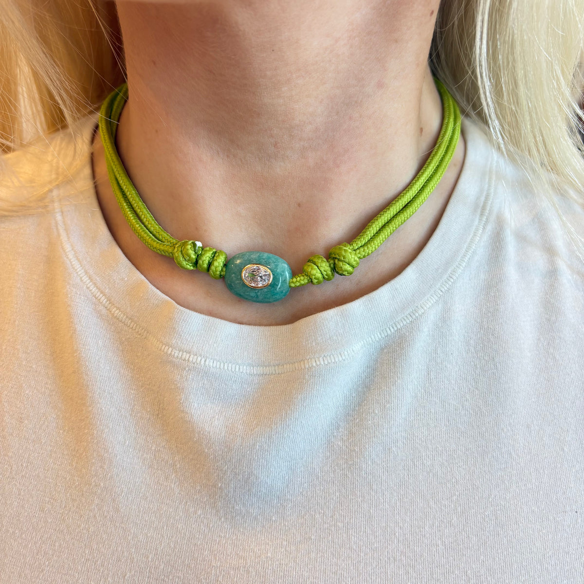 Chartreuse cord necklace with blue Amazonite stone