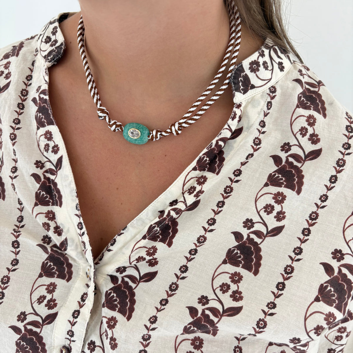 Brown stripe cord necklace with blue Amazonite stone