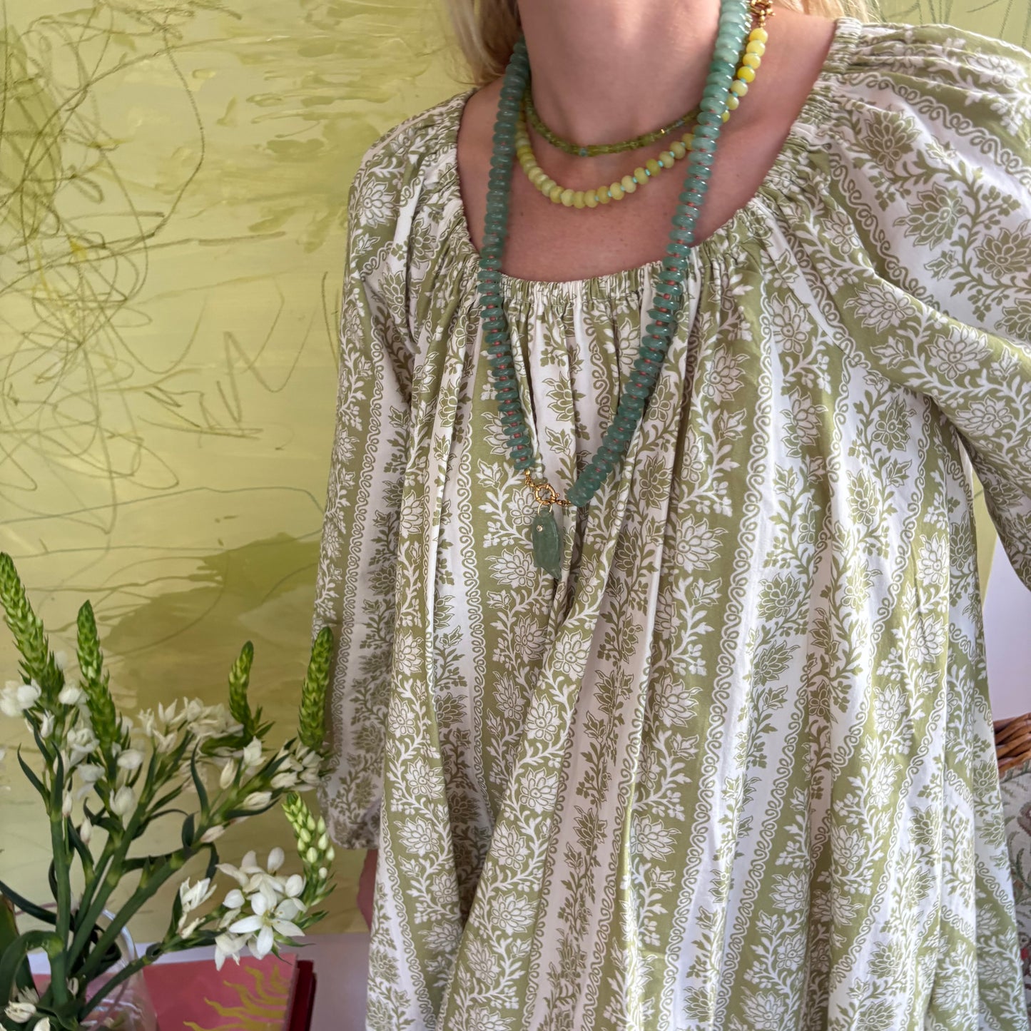 Catch of the day long necklace with green fish charm