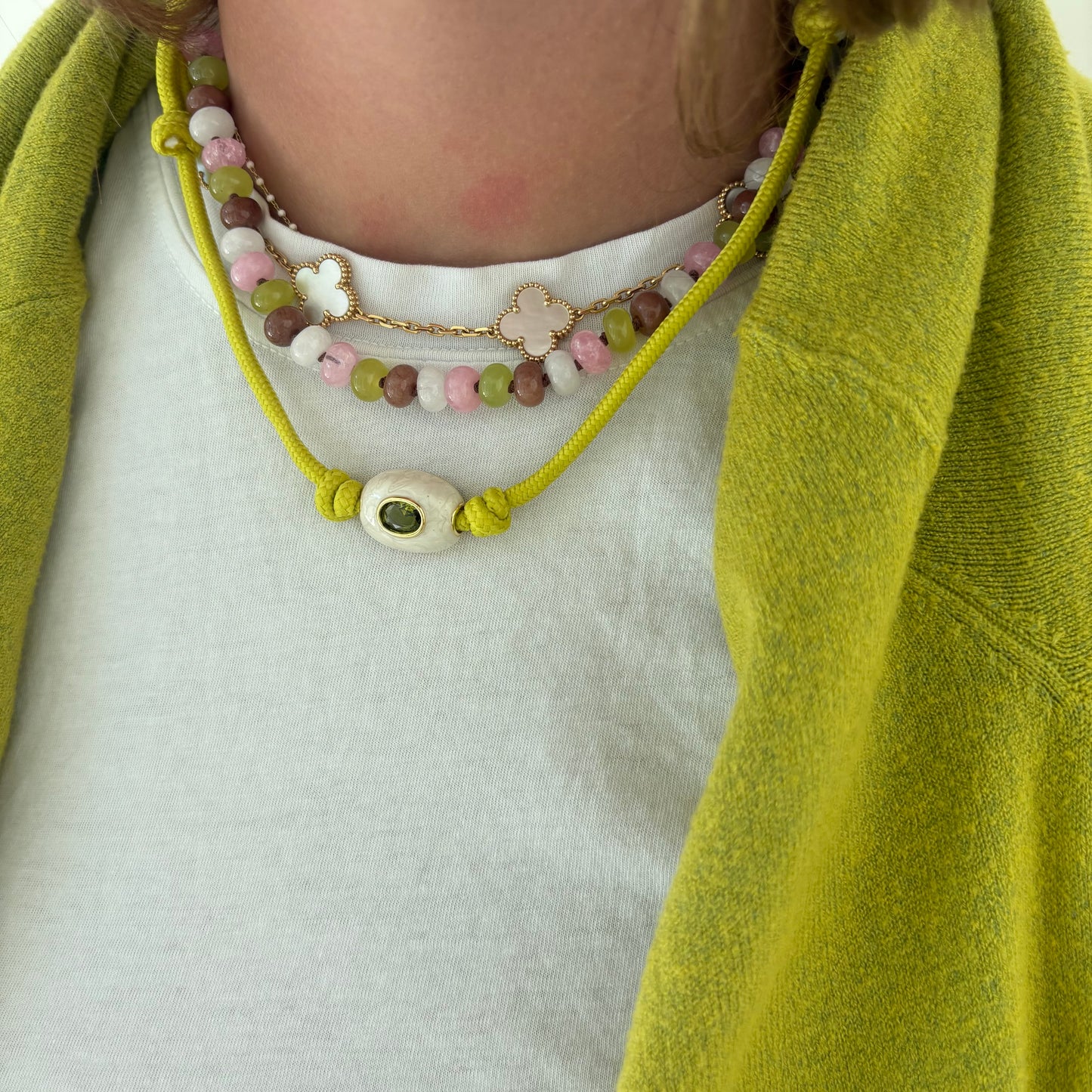 Chartreuse cord necklace with white stone