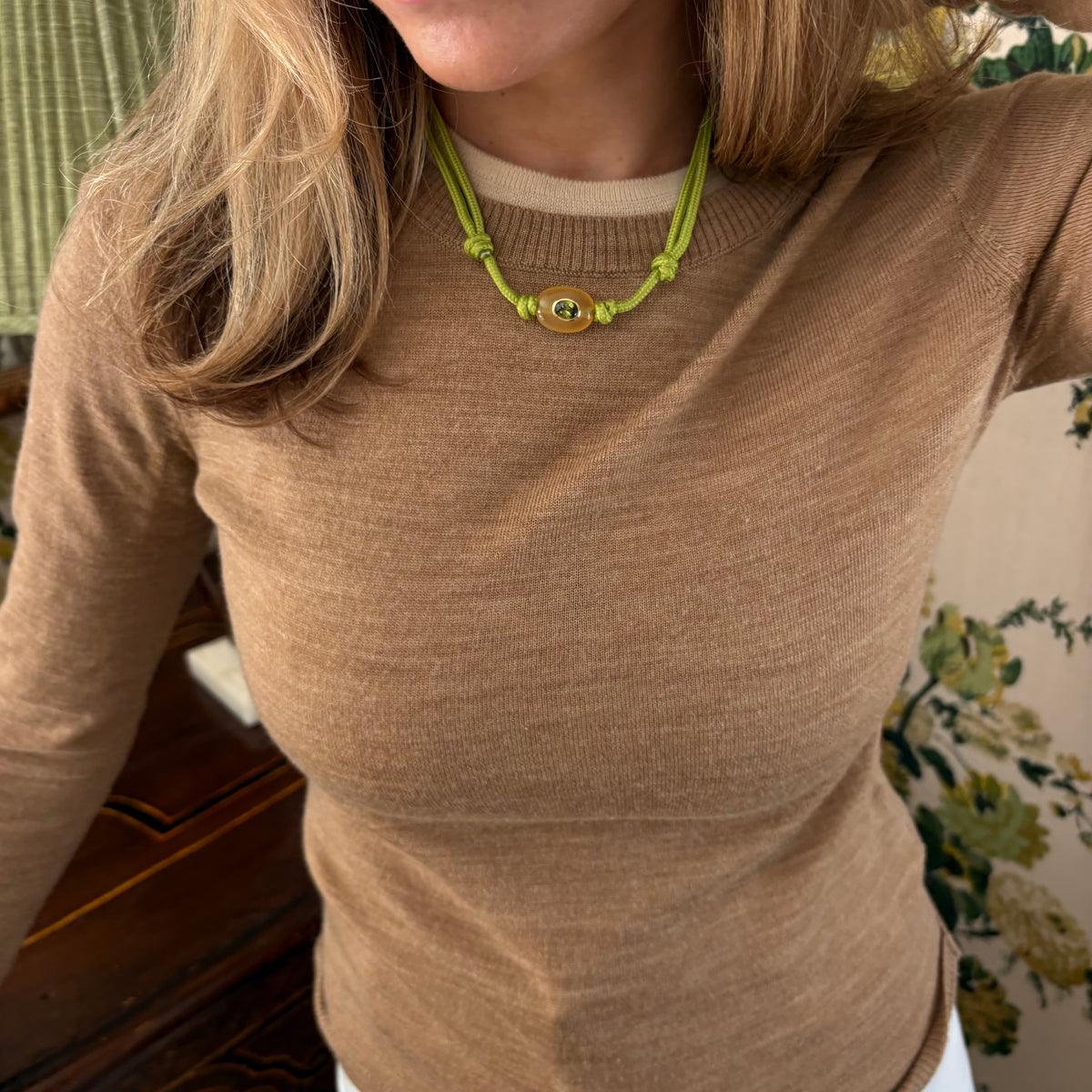 Green cord necklace with natural brown stone