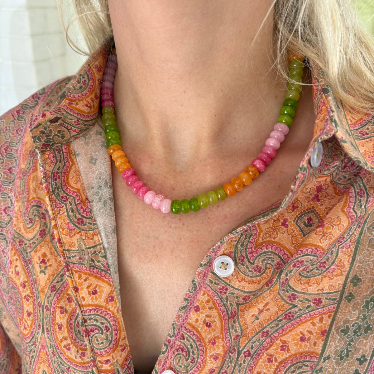 Orange green and pink stone necklace