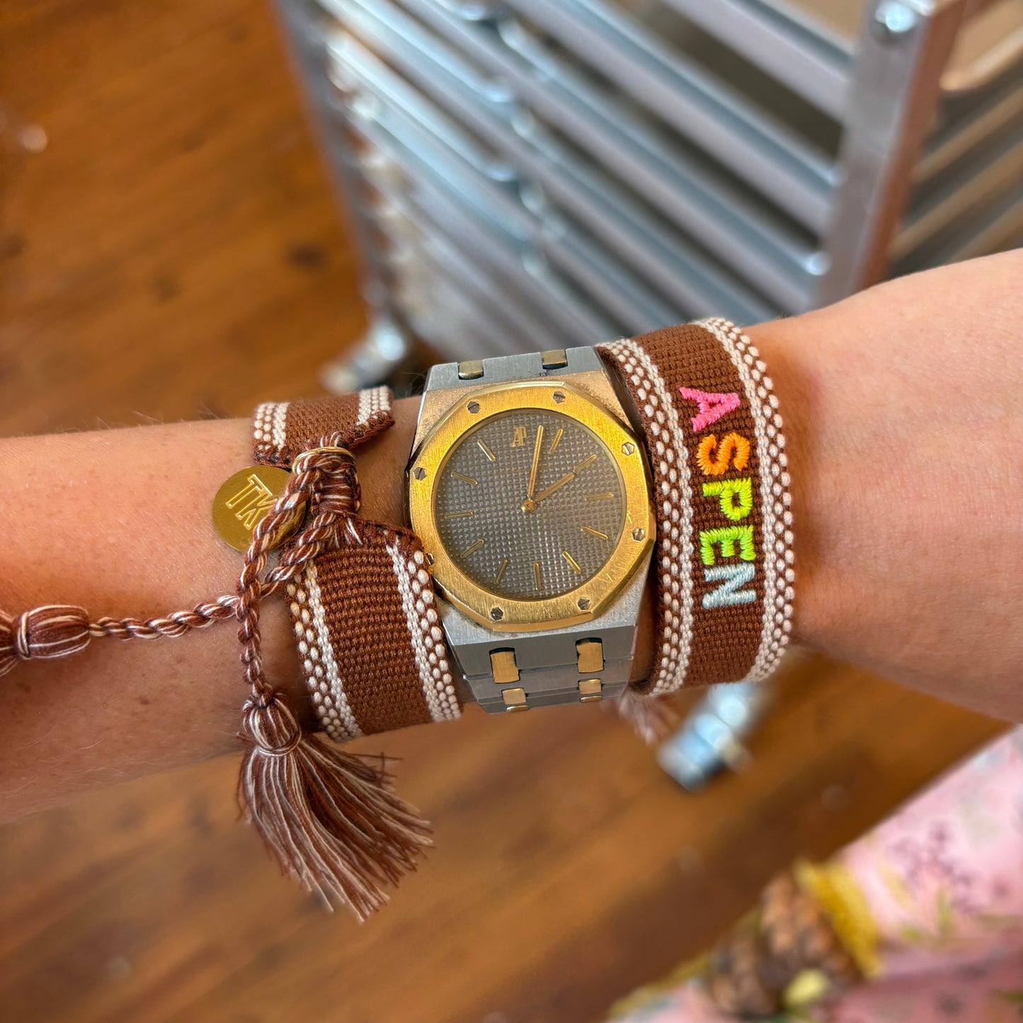 Aspen embroidered tassel bracelet chocolate brown