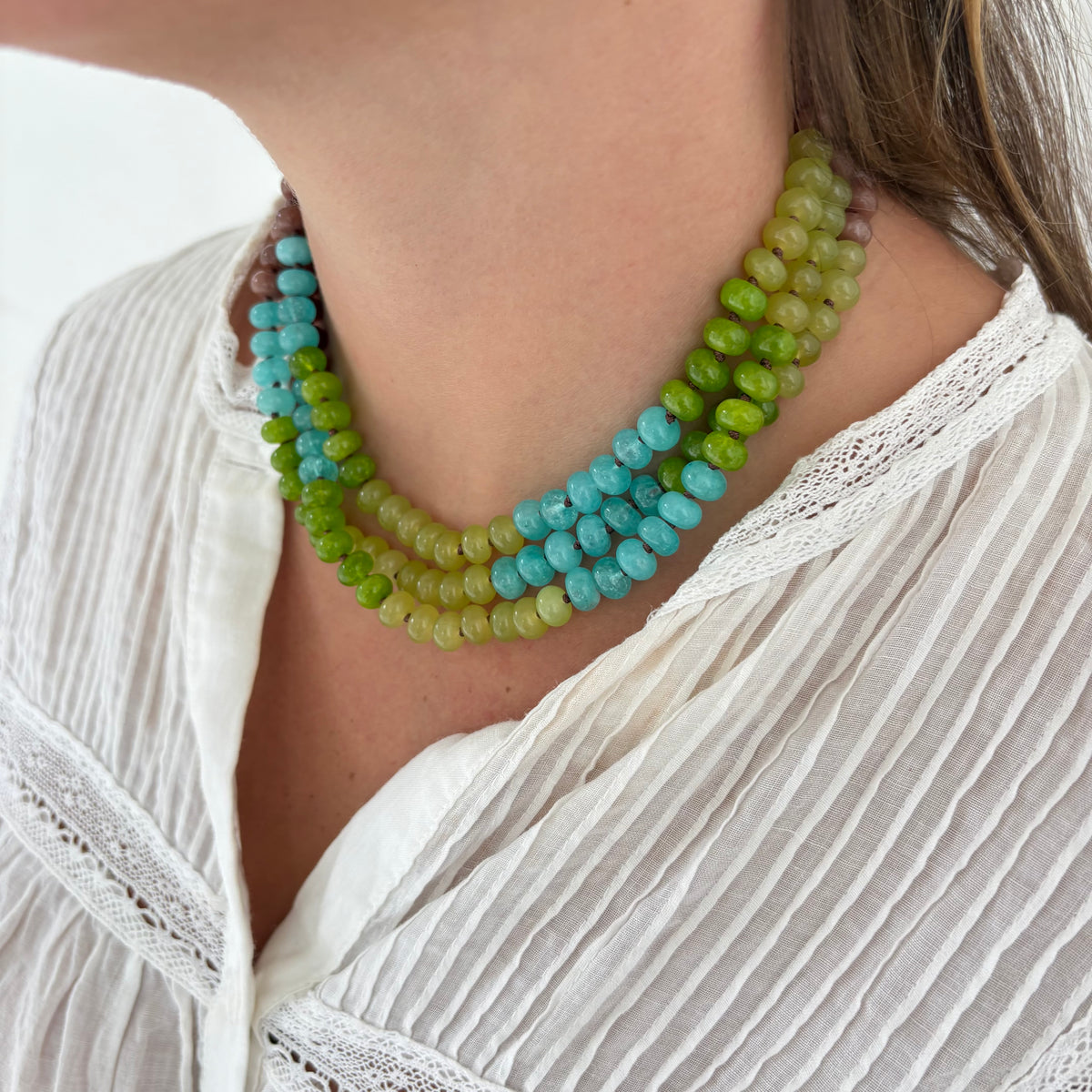 Corrine green and blue hand knotted necklace
