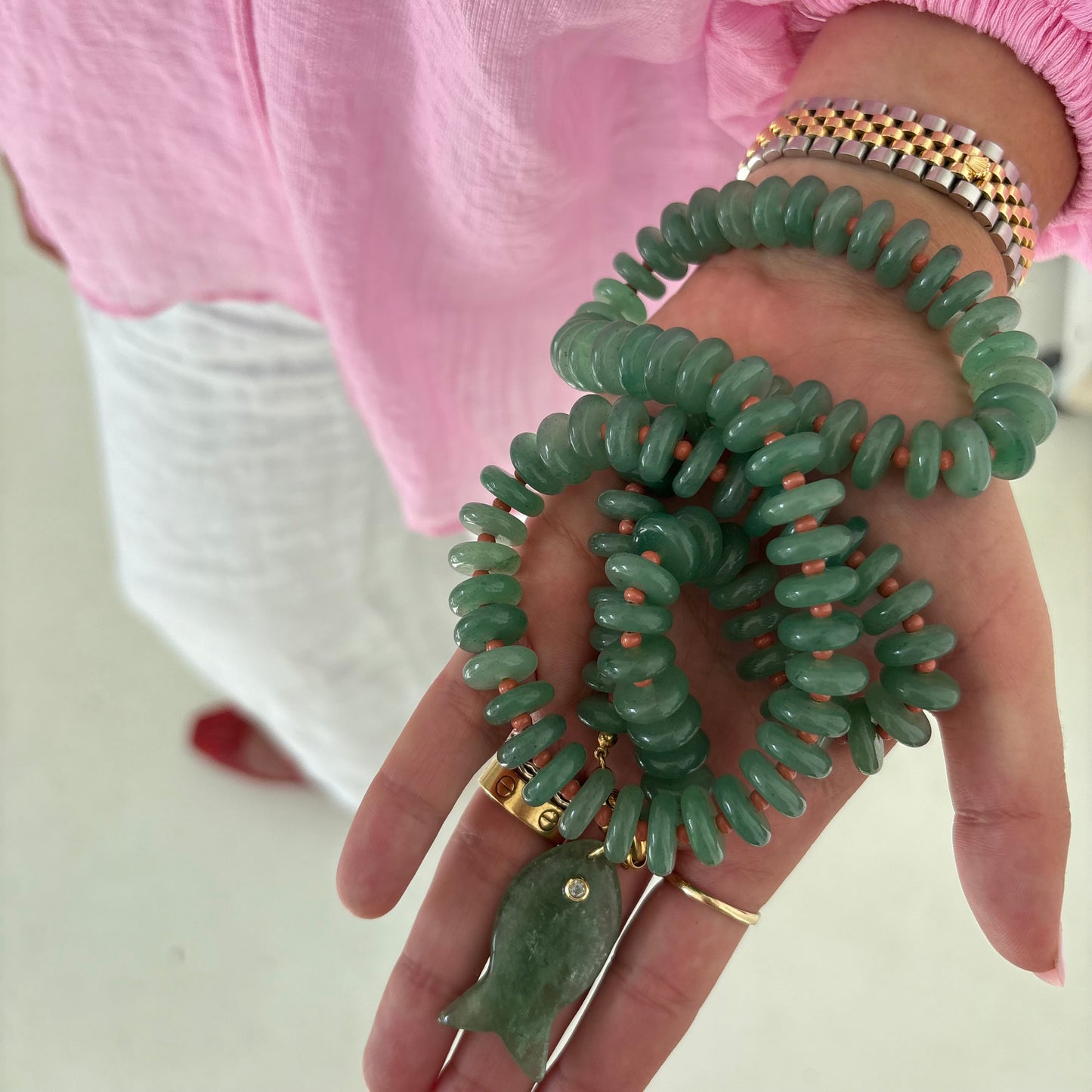 Catch of the day long necklace with green fish charm