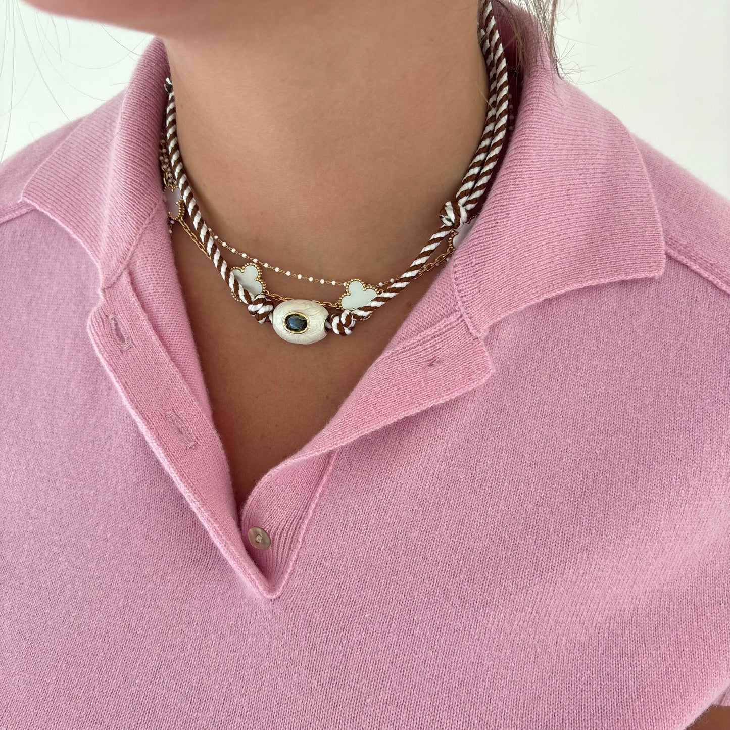 Brown striped cord necklace with white stone - sold out - this is a preorder ships Aug 28