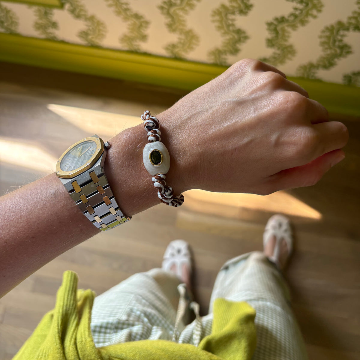 Brown stripe cord bracelet/ anklet with white stone