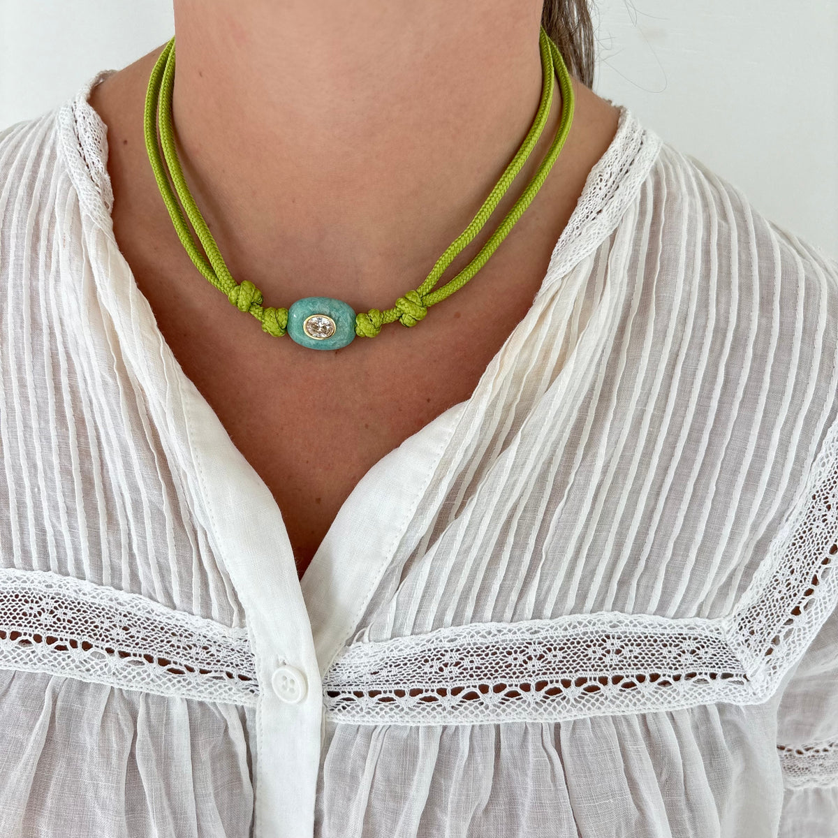 Chartreuse cord necklace with blue Amazonite stone