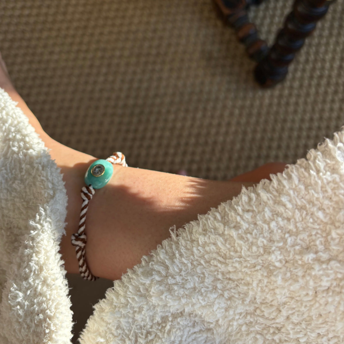 Brown stripe cord anklet and bracelet with amazonite stone