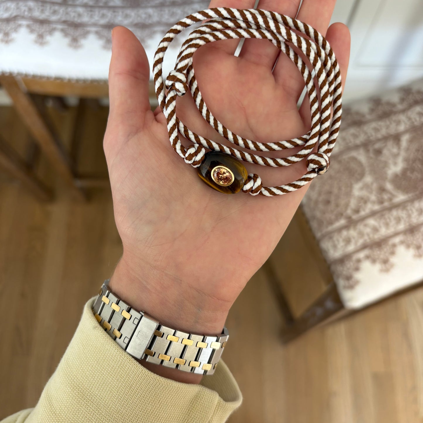 Brown stripe cord necklace with natural brown stone