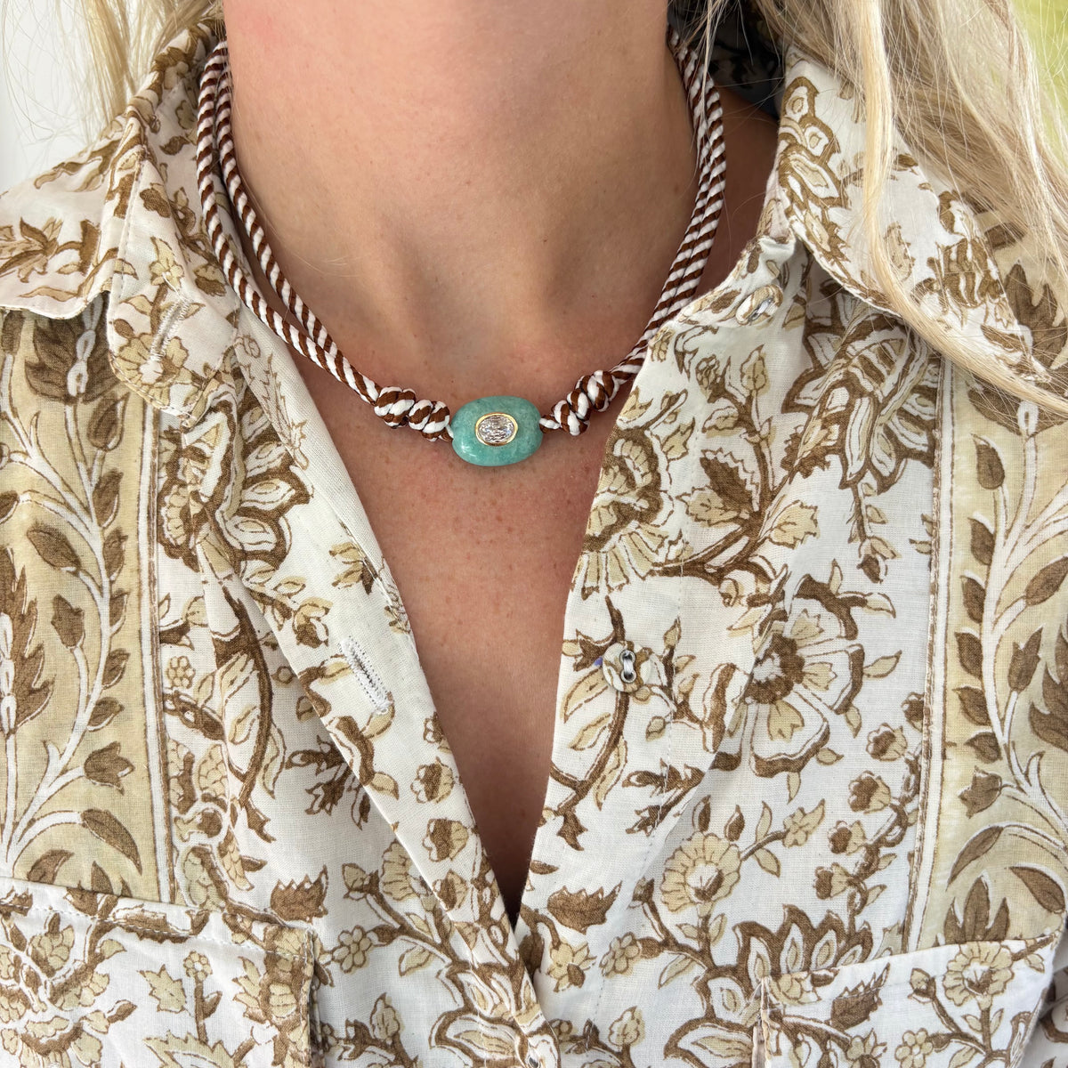 Brown stripe cord necklace with blue Amazonite stone