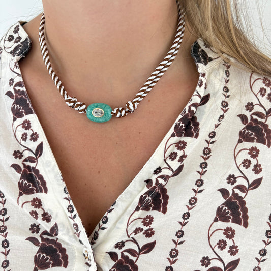 Brown stripe cord necklace with blue Amazonite stone -sold out- this is a preorder - ships Sept 11