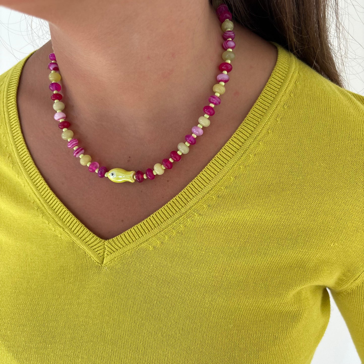 Lolly fish necklace chartreuse and pink