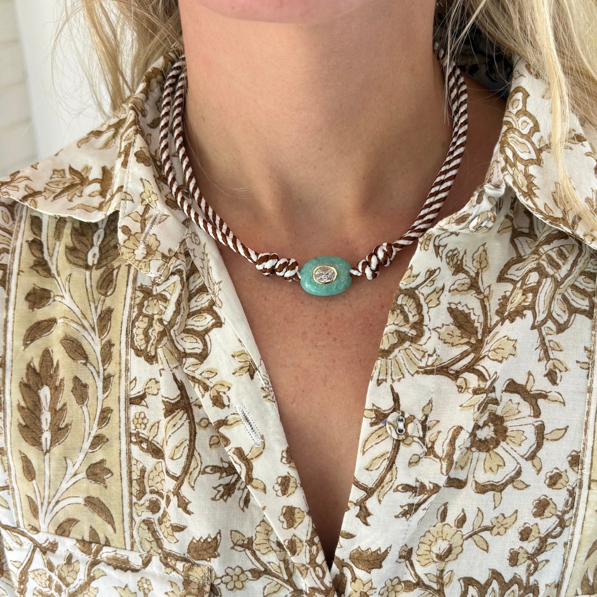 Brown stripe cord necklace with blue Amazonite stone