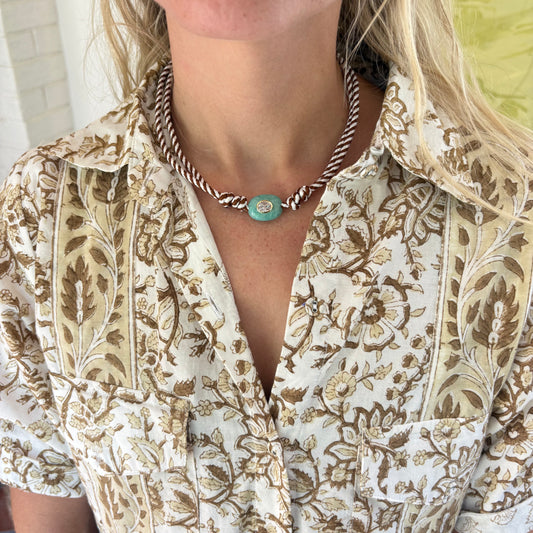 Brown stripe cord necklace with blue Amazonite stone