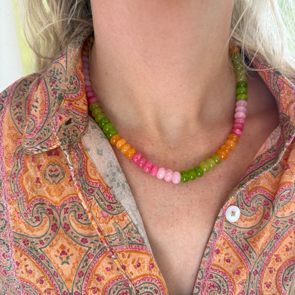 Orange green and pink stone necklace