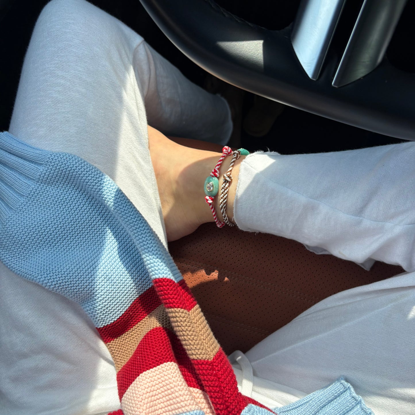 Red stripe cord anklet with amazonite stone