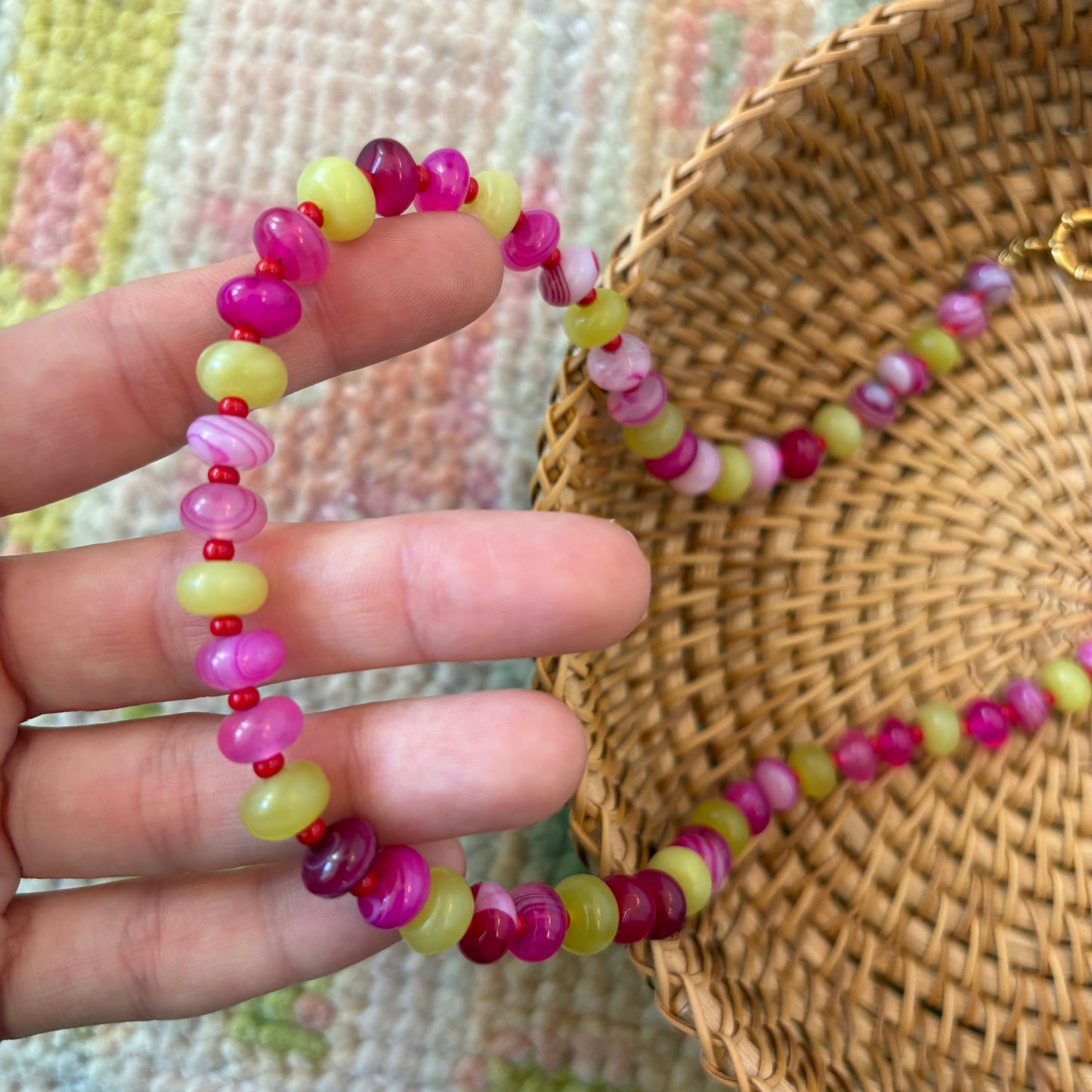 Holly necklace pink and chartreuse stone
