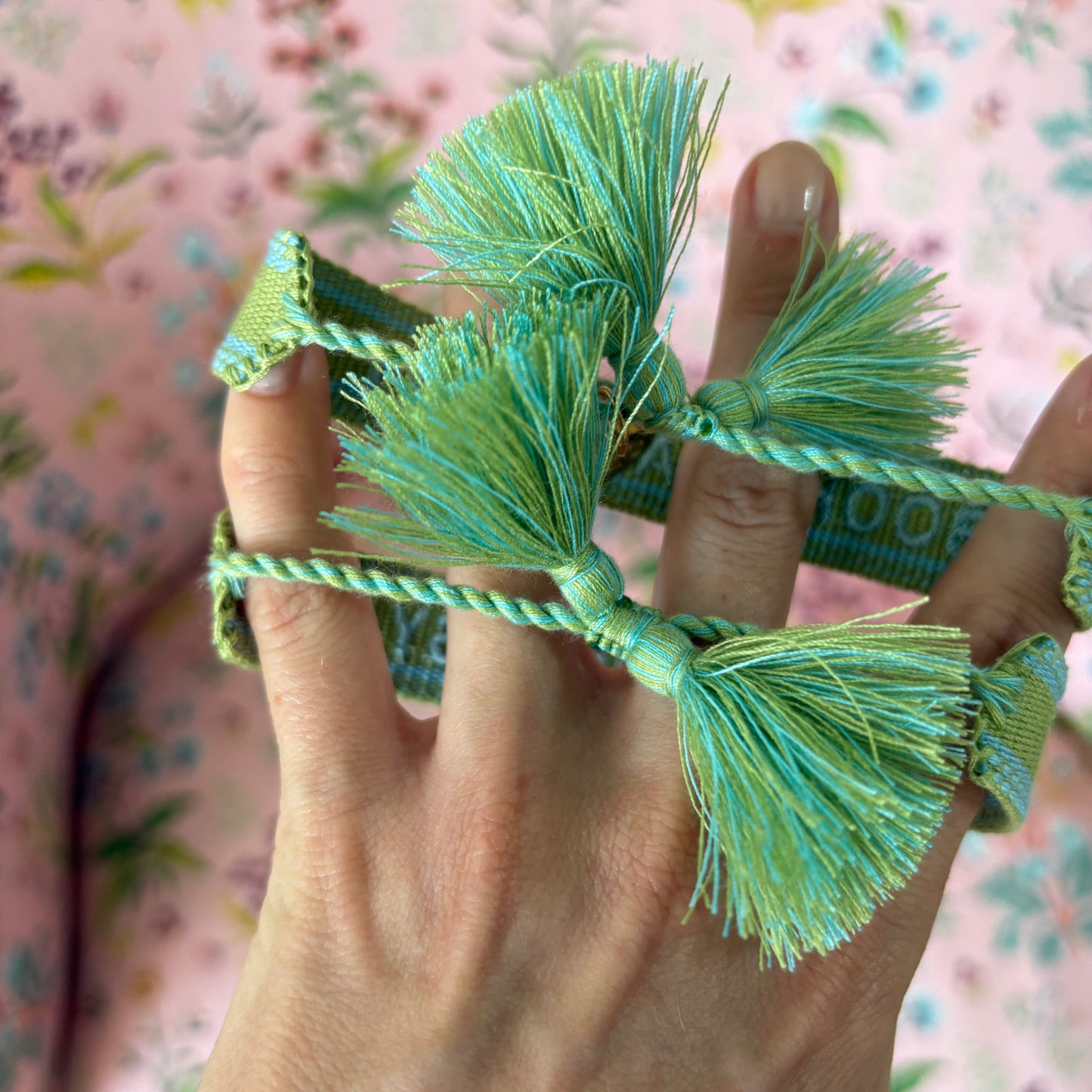 Booked and busy embroidered tassel bracelet green and blue