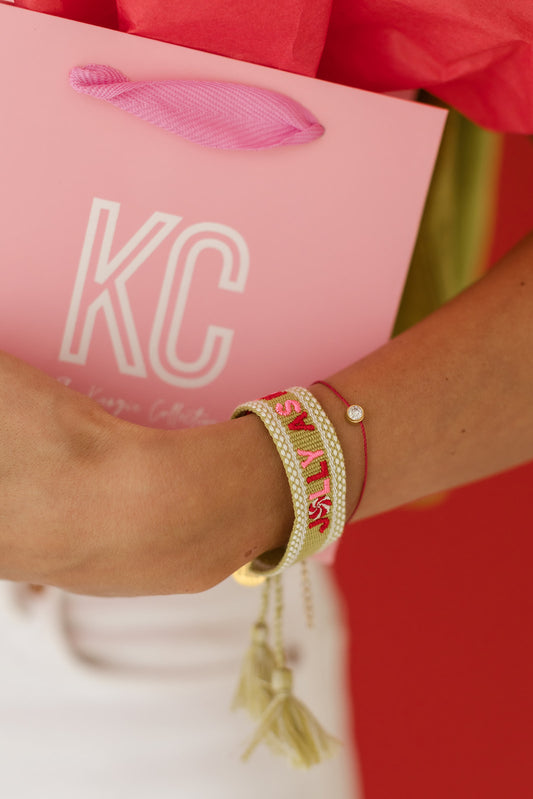 Jolly as hell bracelet stack ( bracelet bundle ) with red dainty diamond bracelet