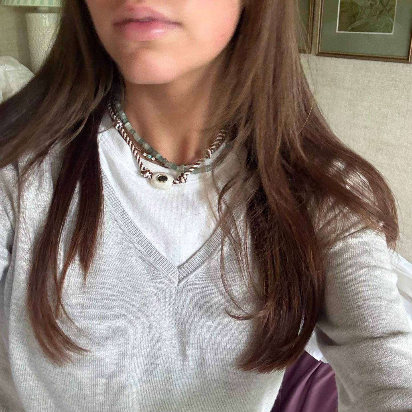 Brown striped cord necklace with white stone - sold out - this is a preorder ships Aug 28