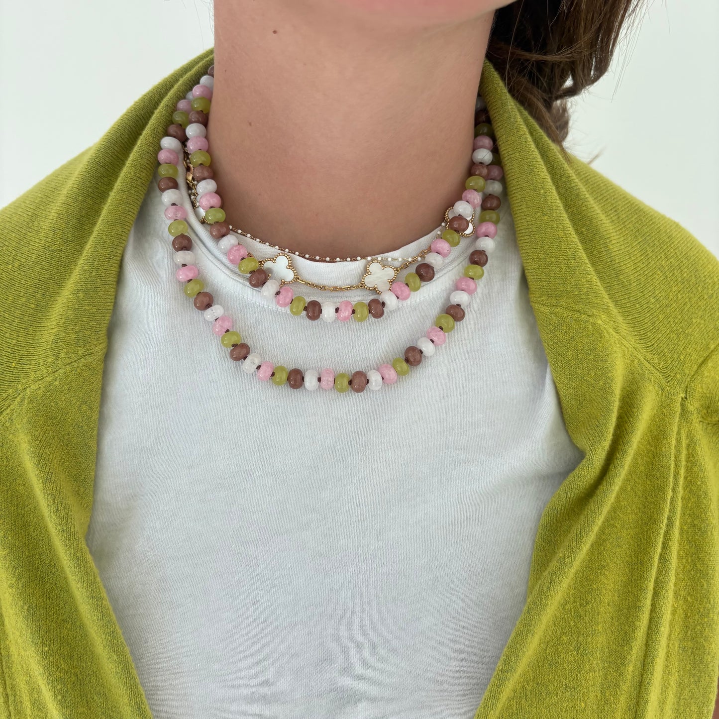 Celia hand knotted necklace chartreuse brown and pink stones