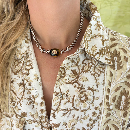 Brown stripe cord necklace with natural brown stone