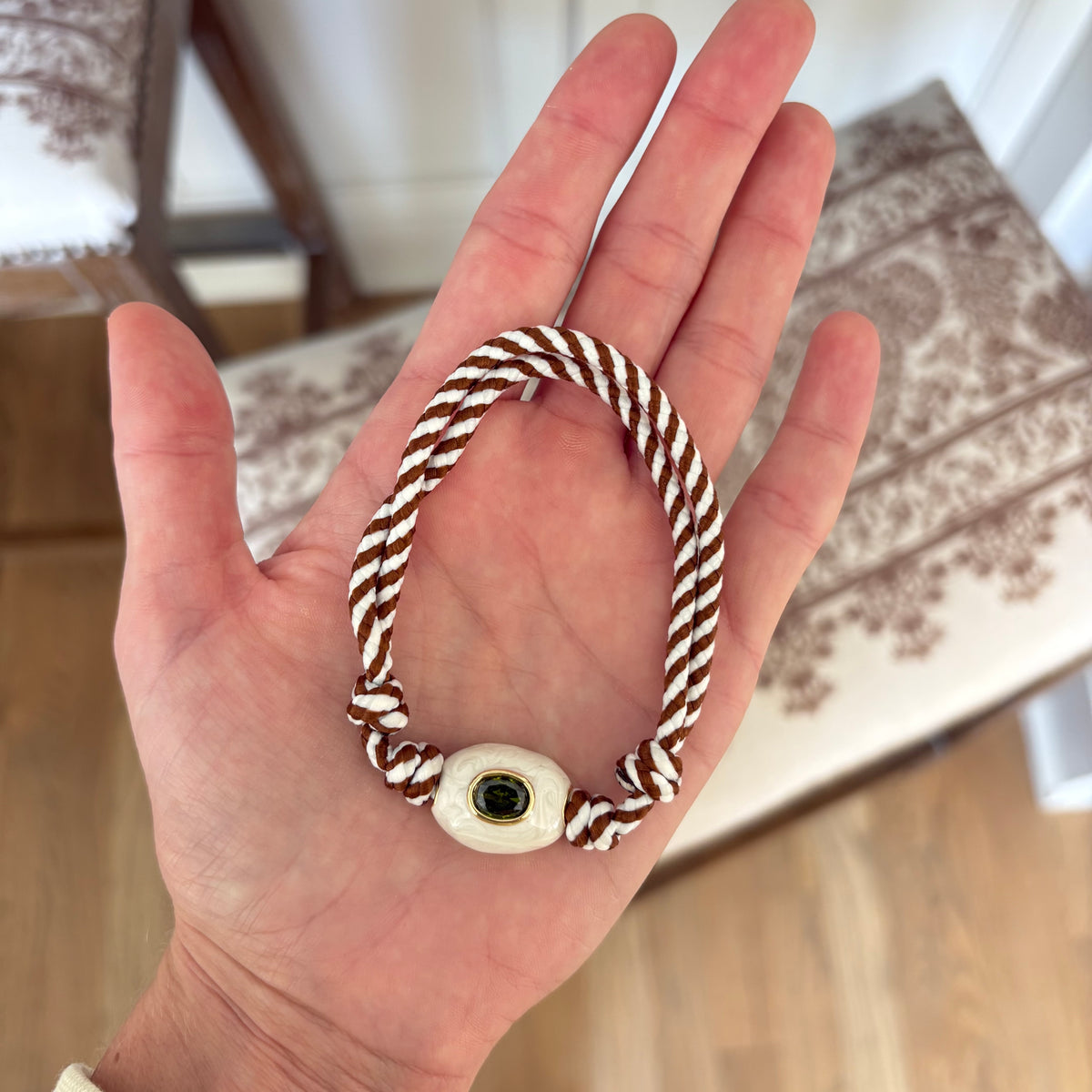 Brown stripe cord anklet / bracelet with white stone