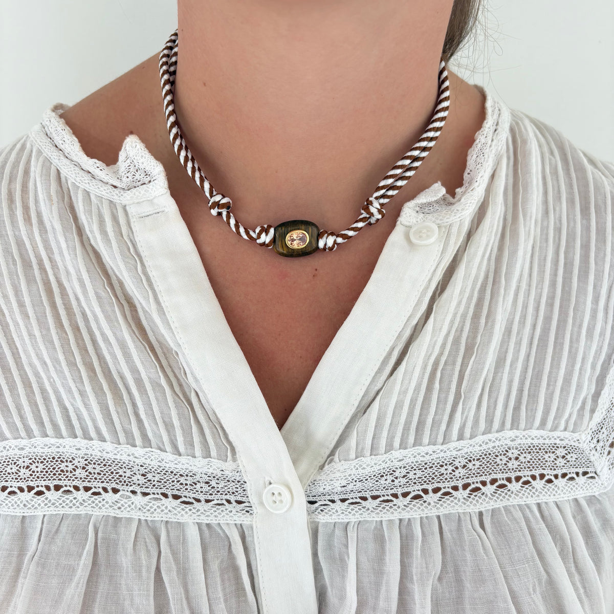 Brown stripe cord necklace with natural brown stone