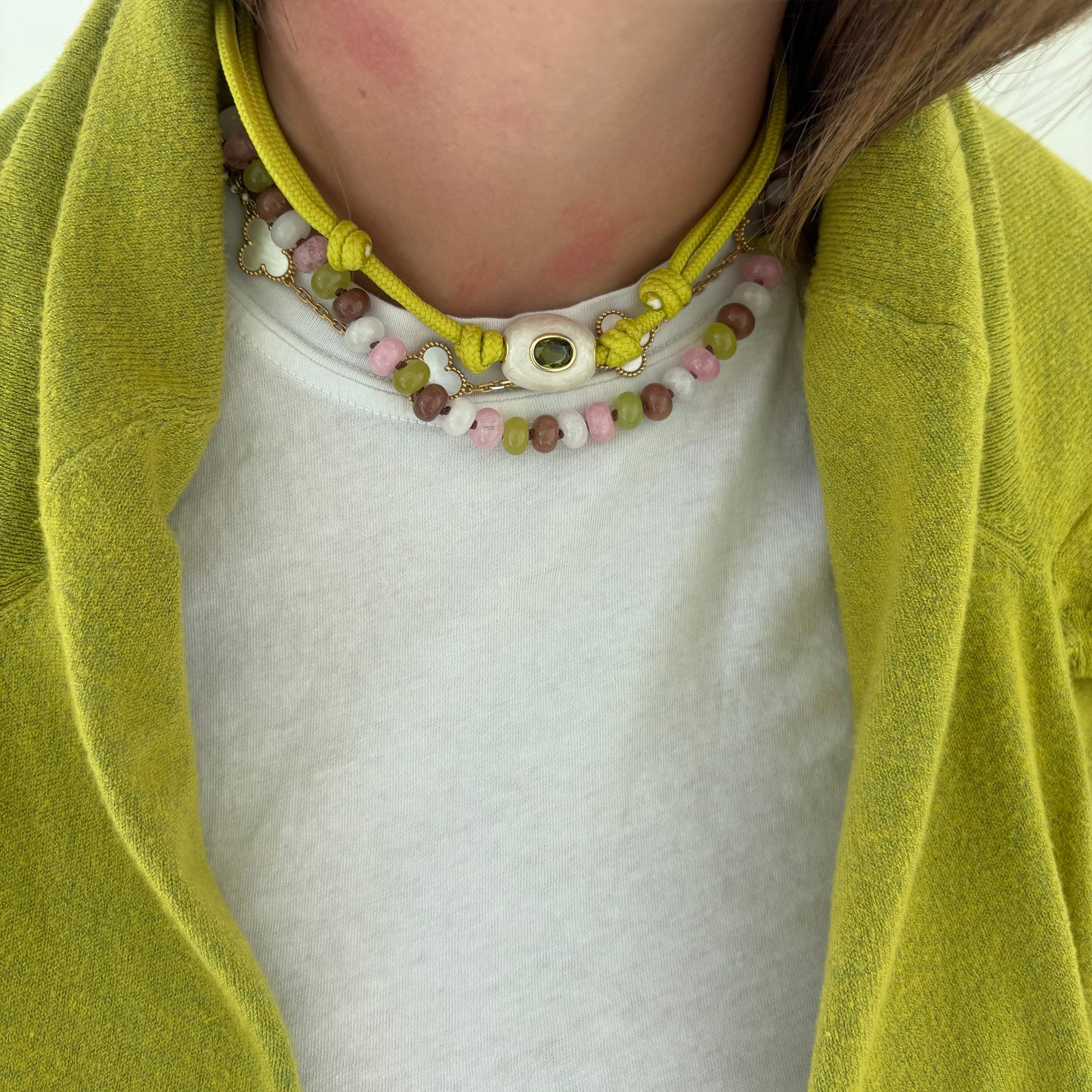 Celia hand knotted necklace chartreuse brown and pink stones