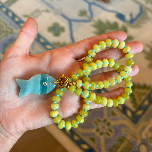 Chartreuse stone necklace with fish charm