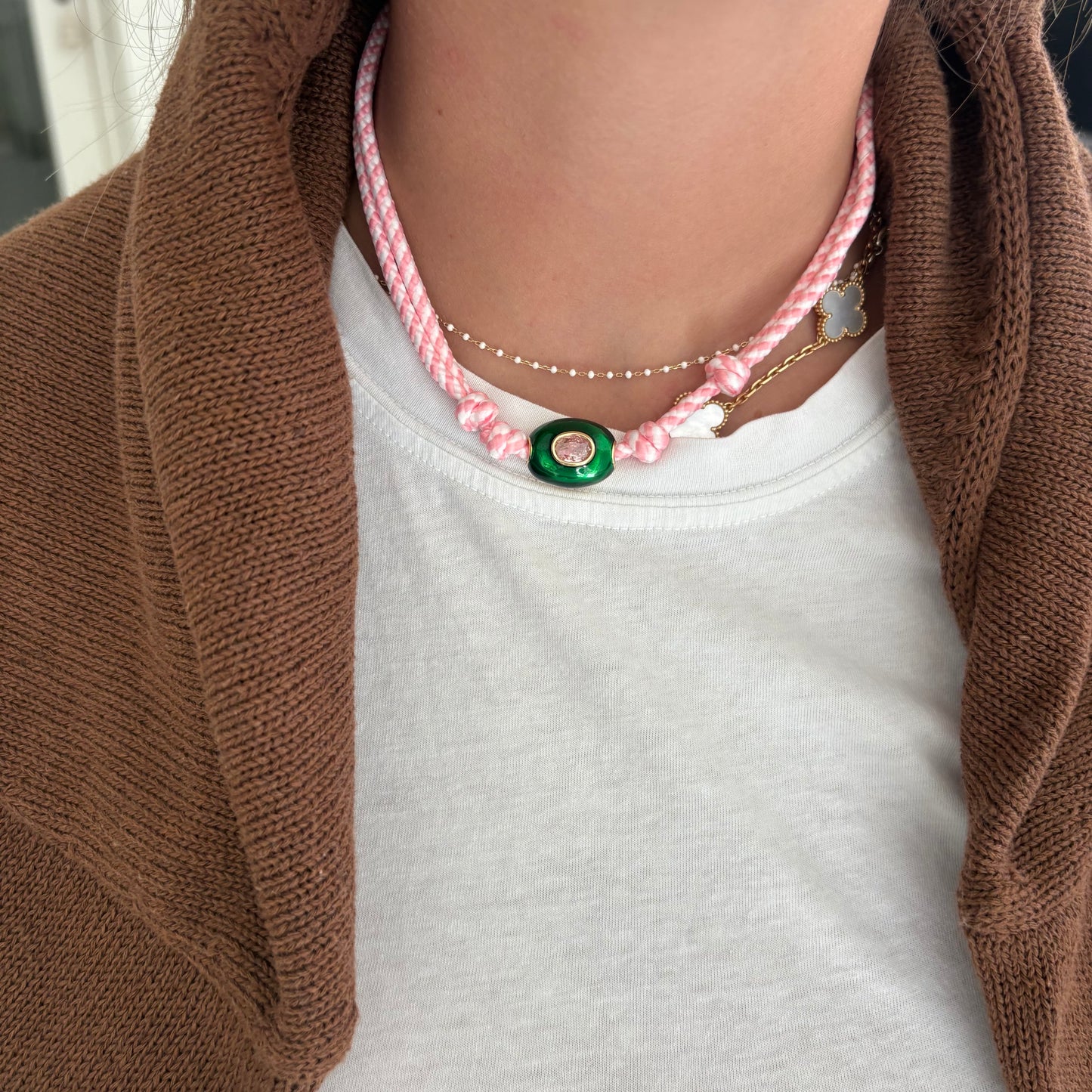 Pink striped cord necklace with green stone