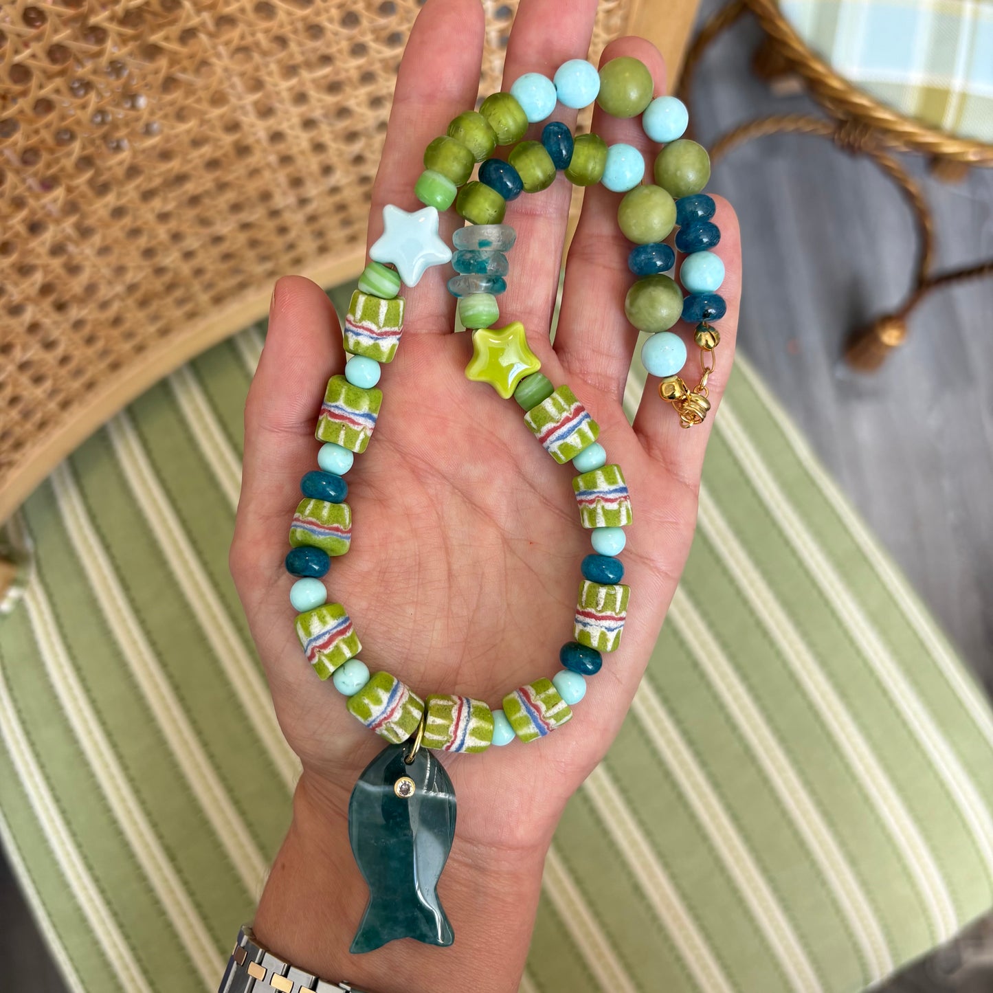 Margaret fish necklace green and navy