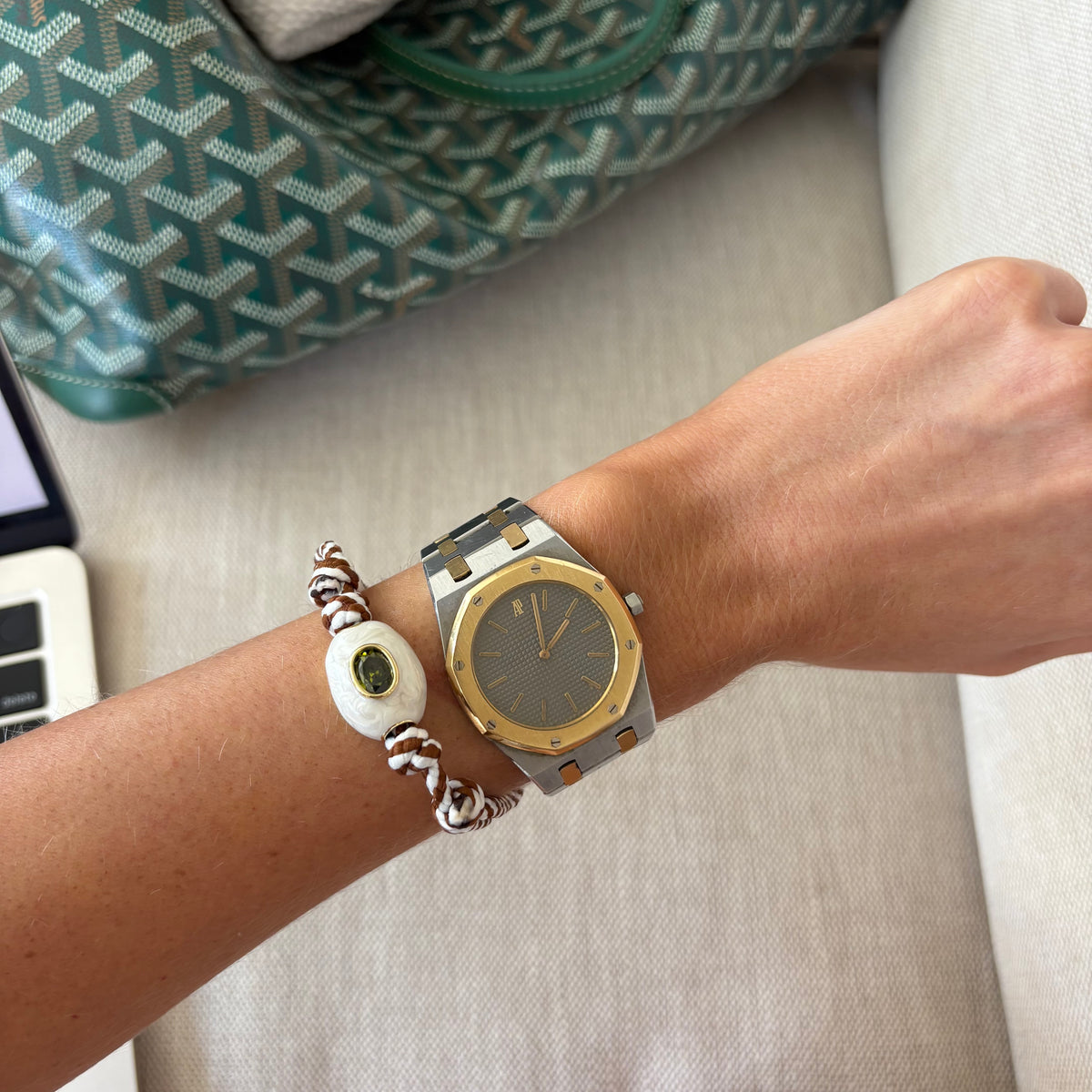 Brown stripe cord bracelet/ anklet with white stone