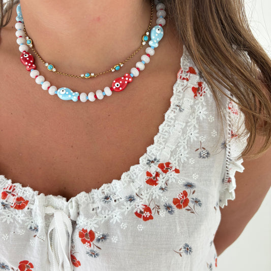 Rosie polka dot fish necklace red and blue
