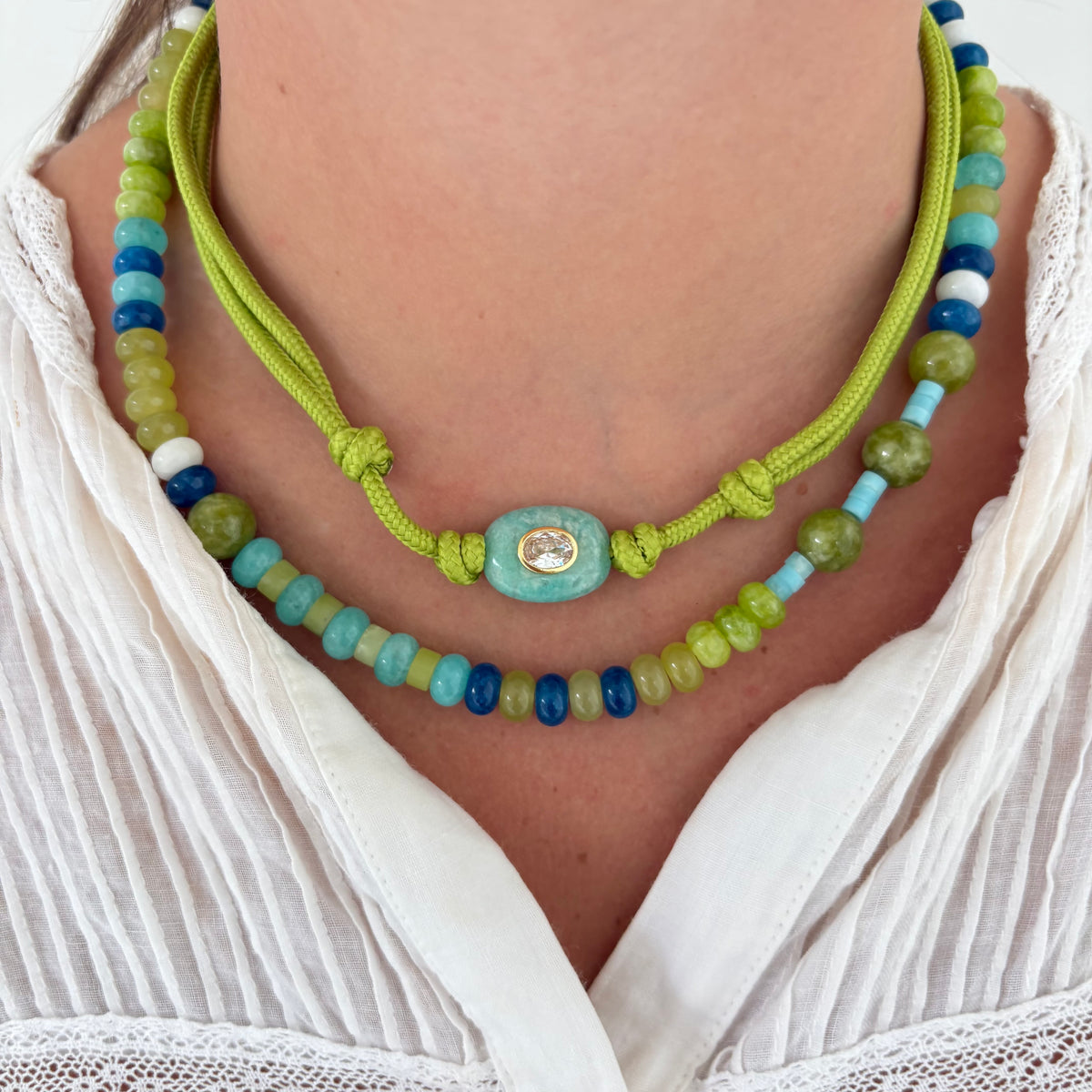 Chartreuse cord necklace with blue Amazonite stone