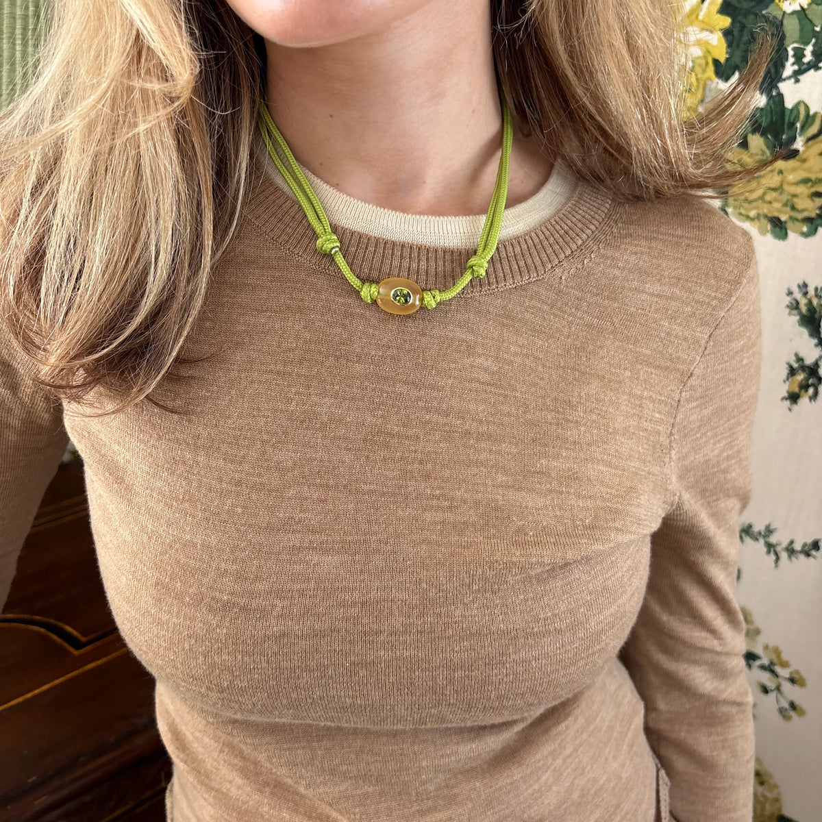 Green cord necklace with natural brown stone