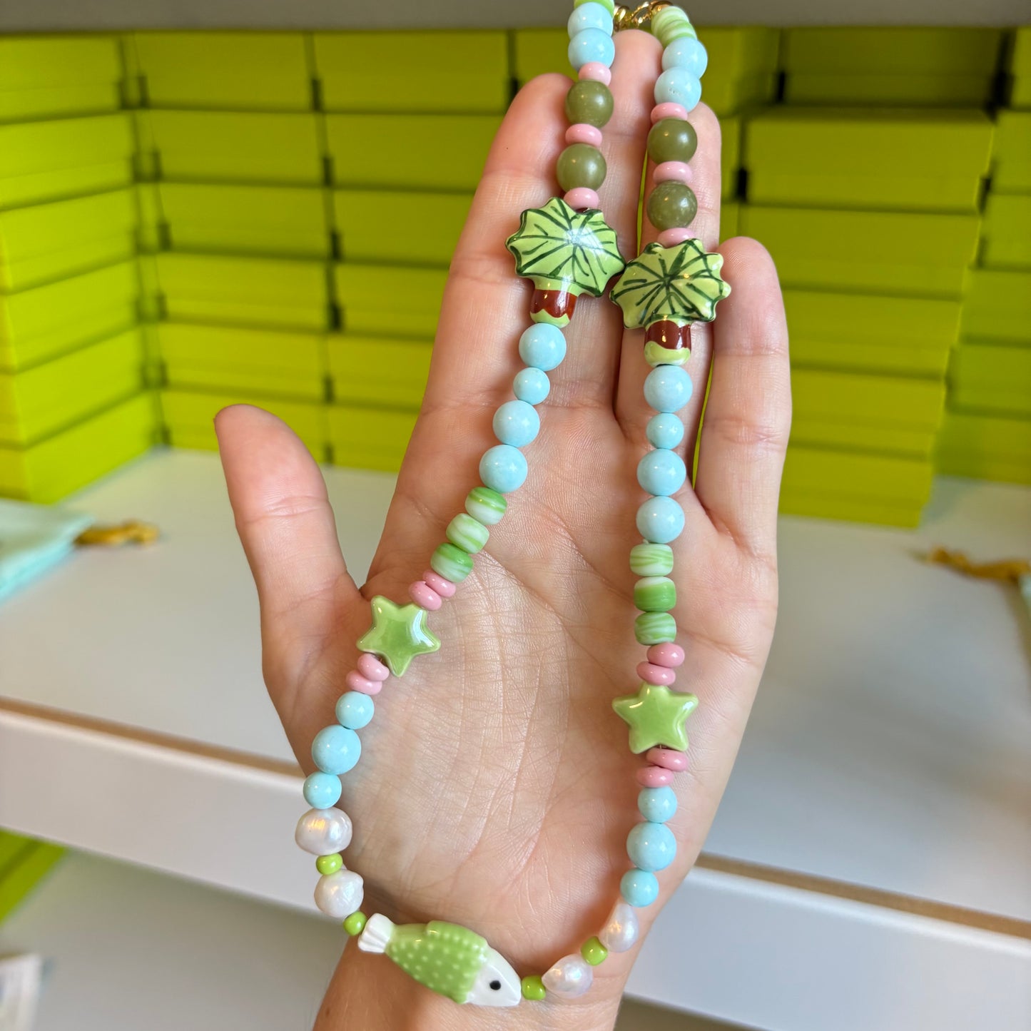 Fancy fish beaded necklace green and blue SHIPS JULY 14