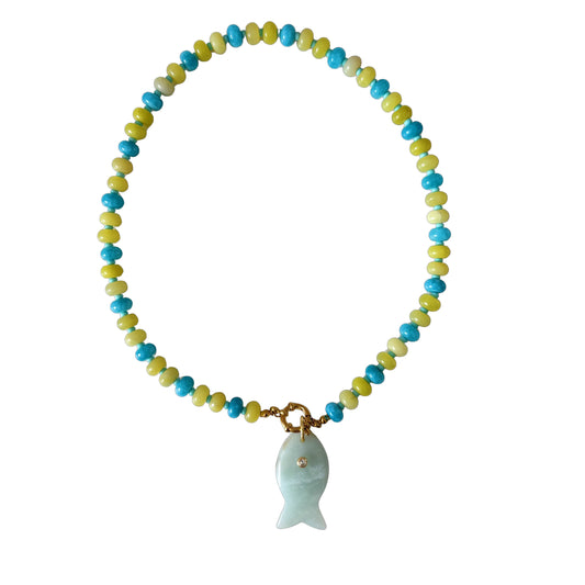 Poppy chartreuse and blue fish necklace